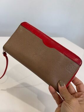 Loewe Anagram Leather Zip Around Wallet Bicolor Red Tan Long Wallet